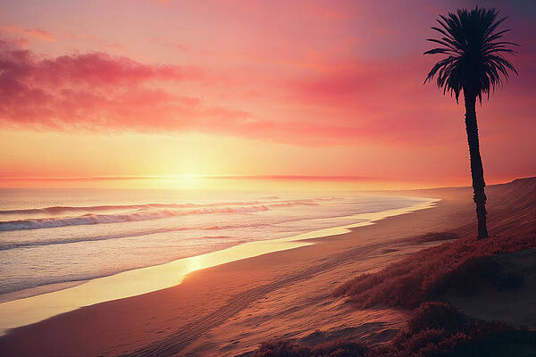 Sunset Wall Art featuring the digital art California Dreaming - Late Summer Day by Philippe HUGONNARD