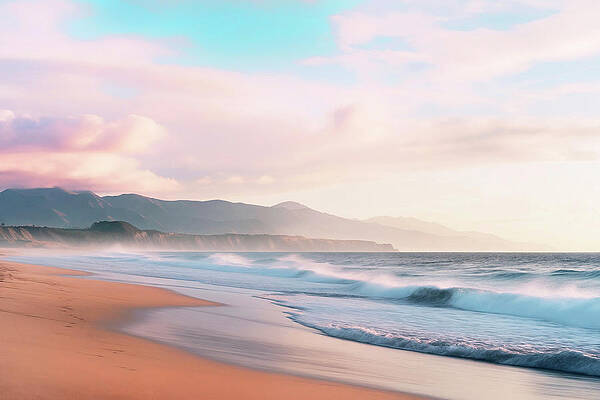 Sunset Wall Art featuring the digital art California Dreaming - Morning Quiet Beach by Philippe HUGONNARD