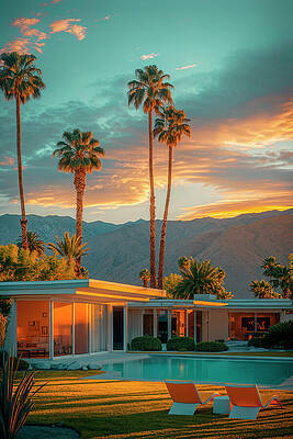 Sunset Wall Art featuring the digital art California Dreaming - Palm Springs Golden Sunset by Philippe HUGONNARD