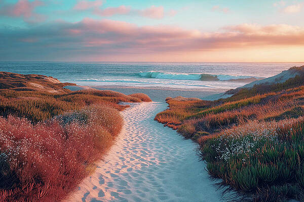 Sunset Wall Art featuring the digital art California Dreaming - Serene Path by Philippe HUGONNARD