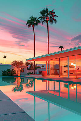 Sunset Wall Art featuring the digital art California Dreaming - Sunset House Pool by Philippe HUGONNARD