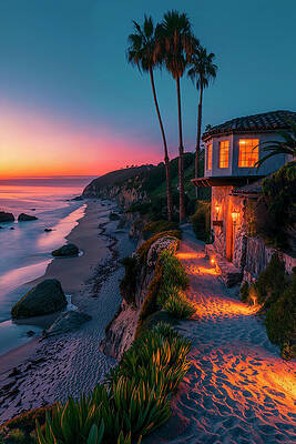 Sunset Wall Art featuring the digital art California Dreaming - Sunset Paradise by Philippe HUGONNARD