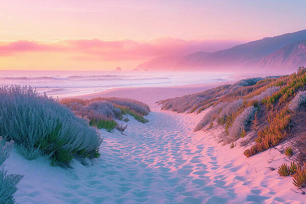 Sunset Wall Art featuring the digital art California Dreaming - Sunset Sand Path by Philippe HUGONNARD