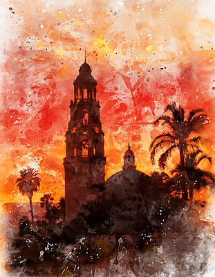 Wall Art featuring the digital art California Tower In Balboa Park, San Diego, At Sunset - Watercolor Painting by Nicko Prints