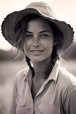 Natural Wall Art featuring the digital art Candid Image Of A Woman In A Straw Hat In Black And White No 2 by Andre Petrov