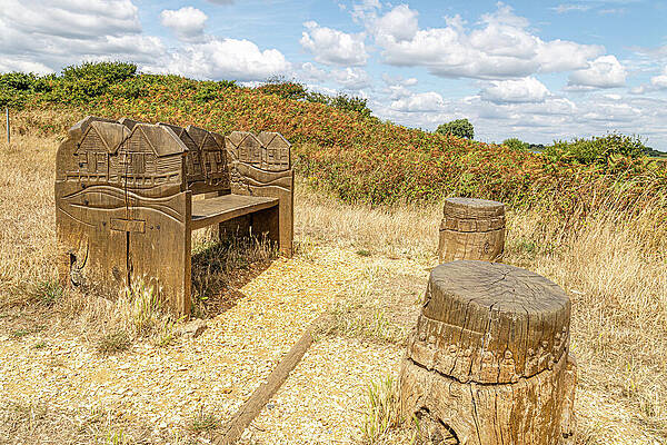 Carved Wooden Bench in Scenic Field Wall Art