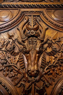 Vintage Photograph - Carving Of A Cow's Head On A Wooden Door by John Twynam