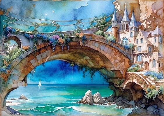 Whimsical Digital Art - Castle Bridge by Eris And AI