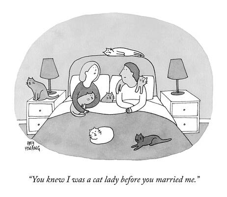 Cat Lady with Husband and Cats Drawing