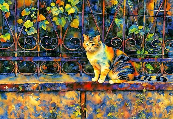 Wall Art featuring the digital art Cat Sitting On Wrought Iron Fence - Colorful Watercolor Painting by Nicko Prints