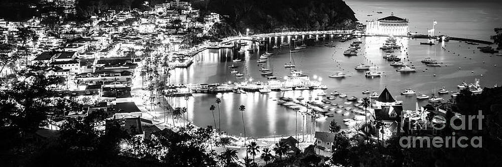 Wall Art featuring the photograph Catalina Island At Night Black And White Panorama Photo by Paul Velgos