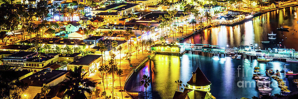 Wall Art featuring the photograph Catalina Island Avalon At Night Panorama Photo by Paul Velgos