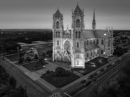 Wall Art featuring the photograph Cathedral Basilica Of The Sacred Heart At Twilight BW by Susan Candelario