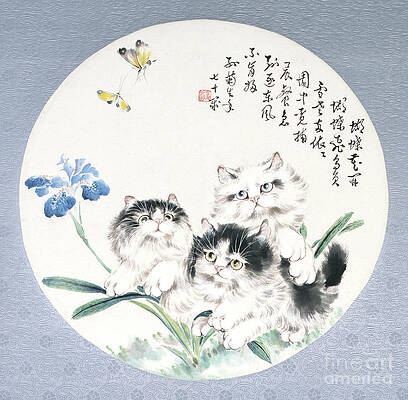 Garden Painting - Cats With Blue Flower And Butterflies by Sun Jusheng