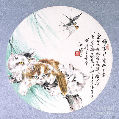 Cats With Hummingbirds Print