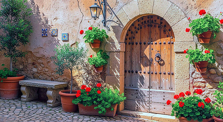 Modern Wall Art featuring the ai art Charming Mediterranean Courtyard Entryway by The Luxury Art Collection
