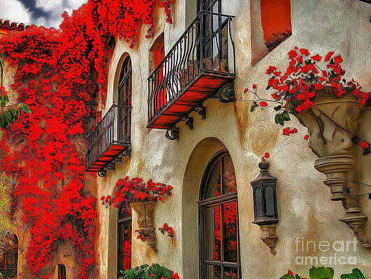 Charming Spanish Villa with Red Bougainvillea Wall Art