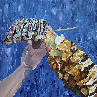 Wall Art featuring the painting Cheesy Corndog With Potatoes by Jenna Blank Page