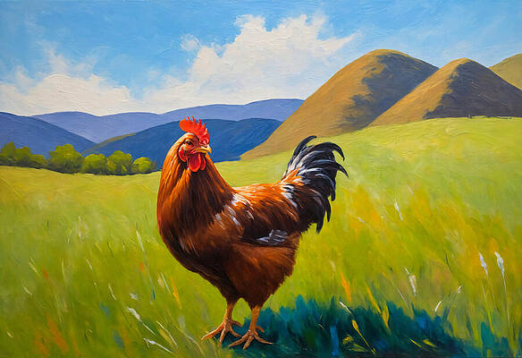 Mountain Wall Art featuring the digital art Rooster On A Grass Field With Some Hills In The Distance - Oil Painting by Nicko Prints