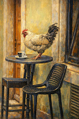 Rooster Perched on Café Table Wall Art