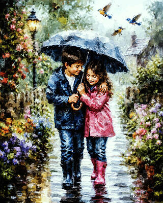 Children Walking with Umbrella Digital Art
