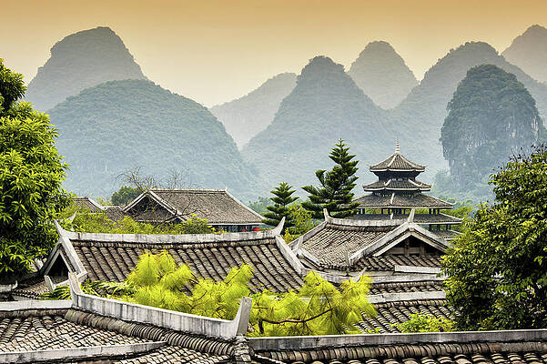 Travel Photograph - China 10 MKm2 Collection - Buddhist Temple With Karst Mountains by Philippe HUGONNARD