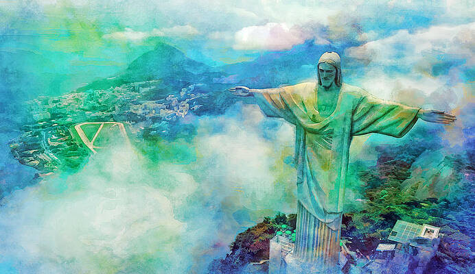 Mountain Wall Art featuring the digital art Christ The Redeemer Statue, Cristo Redentor, In Rio De Janeiro - Cool Colors Digital Art by Nicko Prints