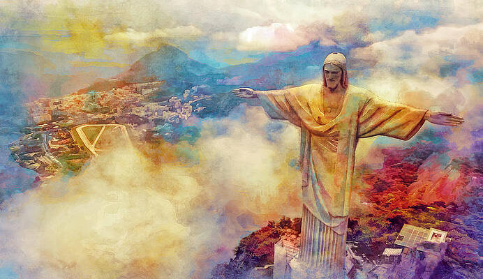 Mountain Wall Art featuring the digital art Christ The Redeemer Statue, Cristo Redentor, In Rio De Janeiro - Warm Colors Digital Art by Nicko Prints