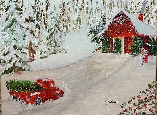 Red Painting - Christmas At The Tree Barn by Juliette Becker