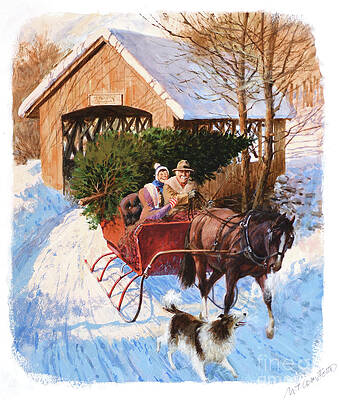 Tree Painting - Christmas - Bringing Tree Home In Sleigh by Mel Crawford