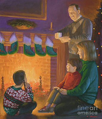 Christmas - Family In Front Of Fireplace Print