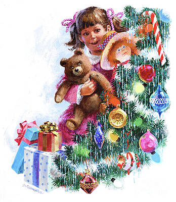 Tree Painting - Christmas - Girl Hugging Teddy Bear by Mel Crawford