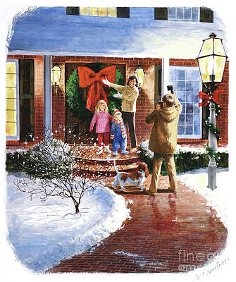 Christmas - Putting Wreath On Door Print