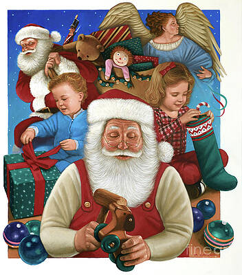 Christmas - Santa Claus And Children Print