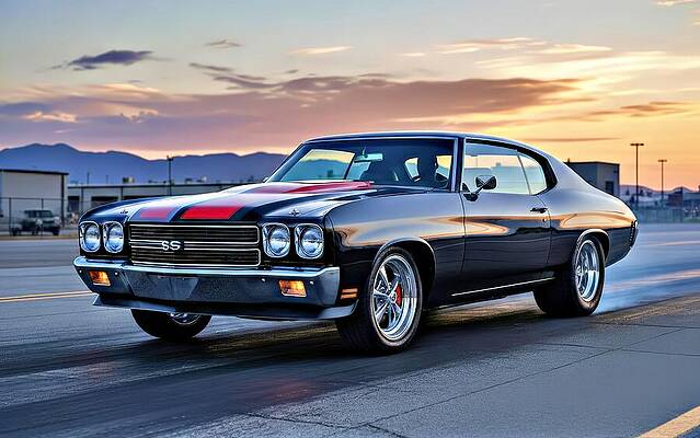 Classic Black Muscle Car at Sunset Wall Art