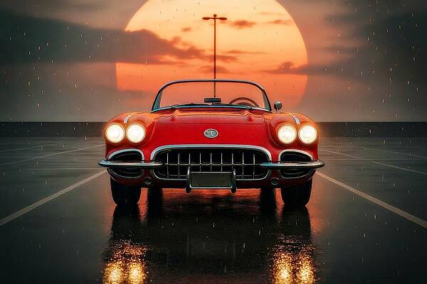 Classic Red Car at Sunset Wall Art