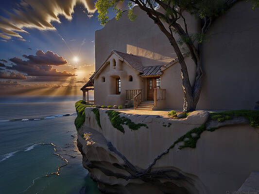 Reflection Digital Art - Cliff Shore House by Eris and AI