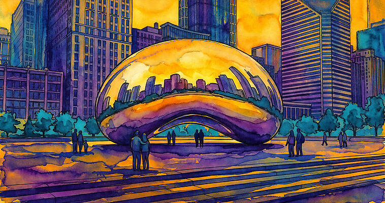 Cloud Gate sculpture in Grainger Plaza, Chicago - colorful watercolor painting by Nicko Prints
