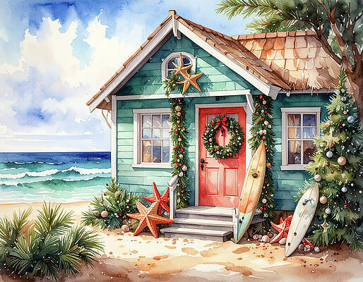 Coastal Holiday Cottage with Surfboards Wall Art