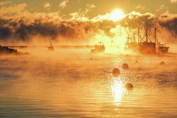 Reflection Wall Art featuring the photograph Cold Harbors, Fishing Boats In The Sea Smoke. by Jeff Sinon