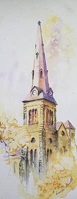 Historic Church Spire in Watercolor Wall Art