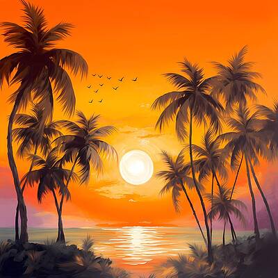 Natural Wall Art featuring the digital art Color Beach Painting With Palm Trees Using Warm Hues To Convey The Beauty Of Sunrise No 1 by Andre Petrov