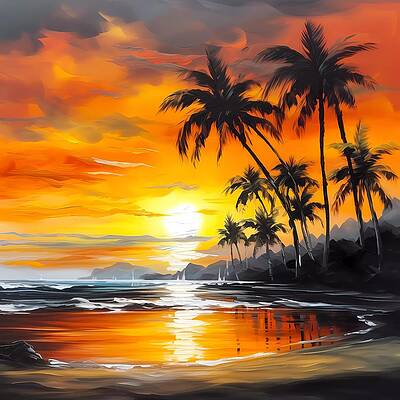 Serene Digital Art - Color Beach Painting With Palm Trees Using Warm Hues To Convey The Beauty Of Sunrise No 2 by Andre Petrov