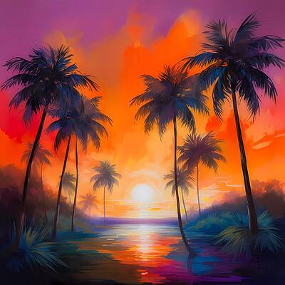 Serene Digital Art - Color Beach Painting With Palm Trees Using Warm Hues To Convey The Beauty Of Sunrise No 3 by Andre Petrov