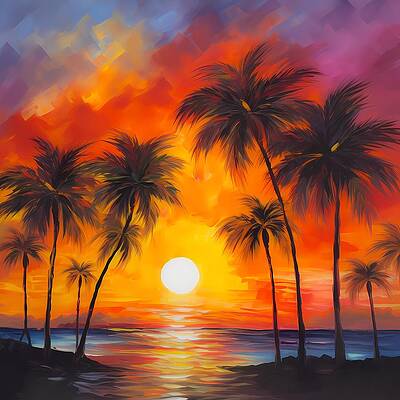 Natural Wall Art featuring the digital art Color Beach Painting With Palm Trees Using Warm Hues To Convey The Beauty Of Sunrise No3 by Andre Petrov