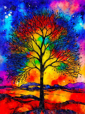 Vibrant Wall Art featuring the digital art Colorful Abstract Black Locust Tree Silhouette On A Colorful Background - Watercolor Ink by Nicko Prints
