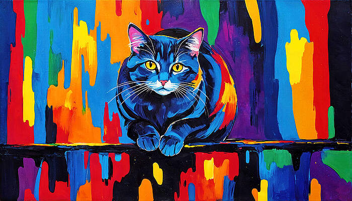 Vibrant Wall Art featuring the digital art Colorful Cat Against A Vibrant Painterly Background - Digital Painting by Nicko Prints
