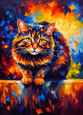 Vibrant Wall Art featuring the digital art Colorful Cat Sitting On The Fence - Digital Painting by Nicko Prints