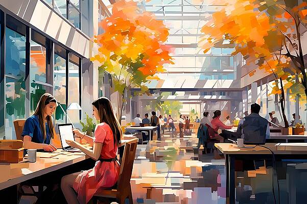 Modern Wall Art featuring the digital art Colorful Impressionistic Painting Of A Modern Office No 1 by Andre Petrov