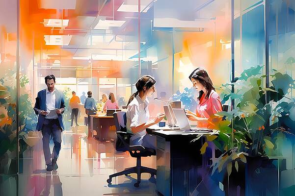 Modern Wall Art featuring the digital art Colorful Impressionistic Painting Of A Modern Office No 2 by Andre Petrov